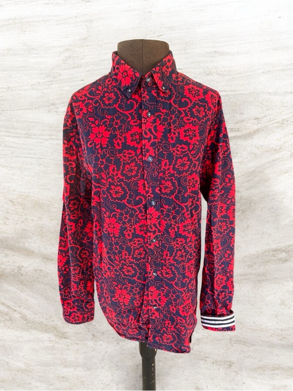 Denim & Flower Red & Navy Blue Floral Button-Down Shirt with Reverse Cuffs